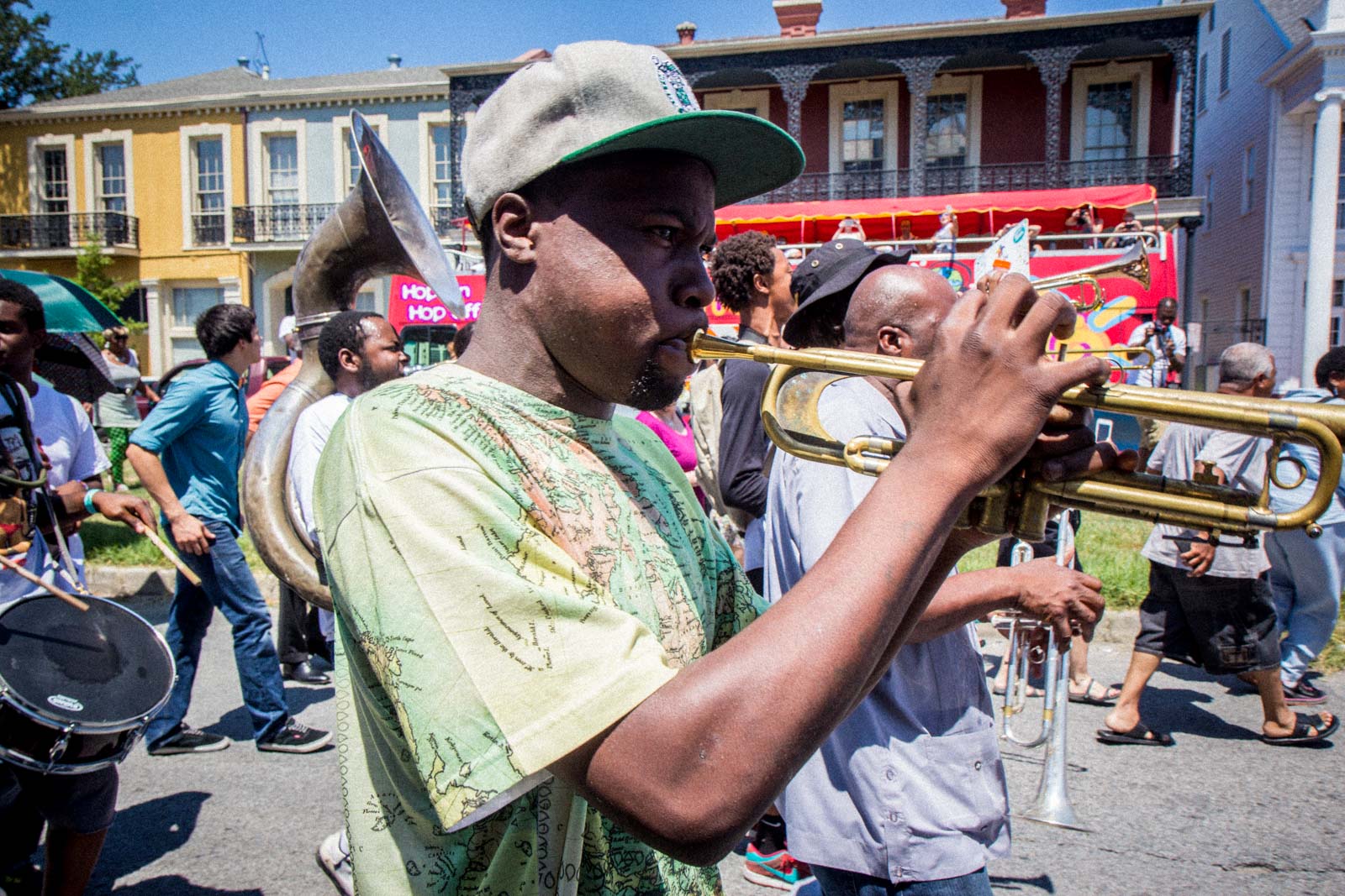 A Second Line parade through the streets of New Orleans