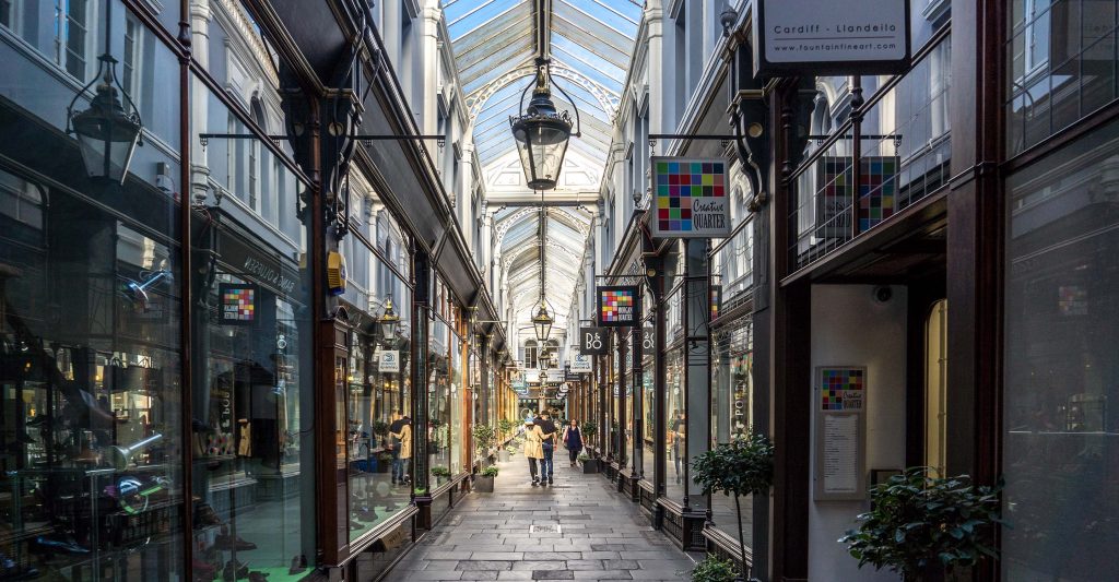 The shopping arcades in Cardiff Wales